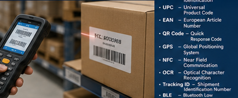 Warehouse worker scanning RFID tags and barcode labels during inventory management