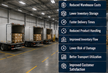 Efficient cross-docking logistics operation reducing warehouse storage and transport costs