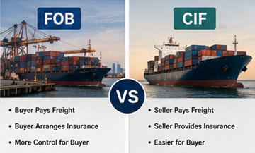 Visual comparison of FOB and CIF shipping responsibilities in international logistics