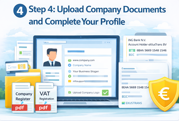 Upload company register extract and VAT certificate and complete business profile on ExusTrans