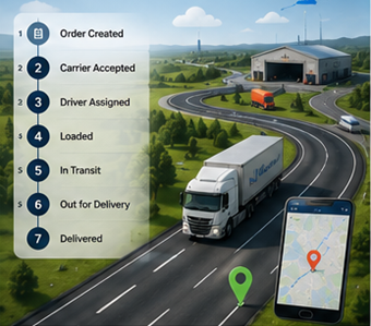 Digital logistics process showing shipment tracking GPS routes and transport status updates