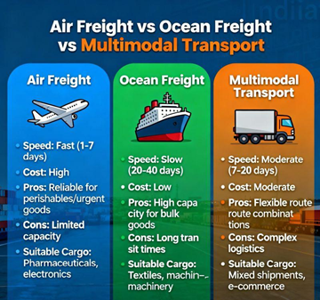 Comparison of road air and sea transport showing truck airplane and ship logistics differences