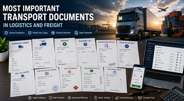 Collection of important transport documents including CMR invoice customs papers and digital logistics tracking in Europe