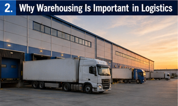 Warehouse distribution center with trucks loading cargo for European transport