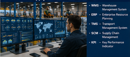 Warehouse logistics coordinator monitoring inventory and supply chain operations on digital screens