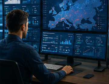 Logistics operator monitoring shipment tracking system with real time transport updates across Europe